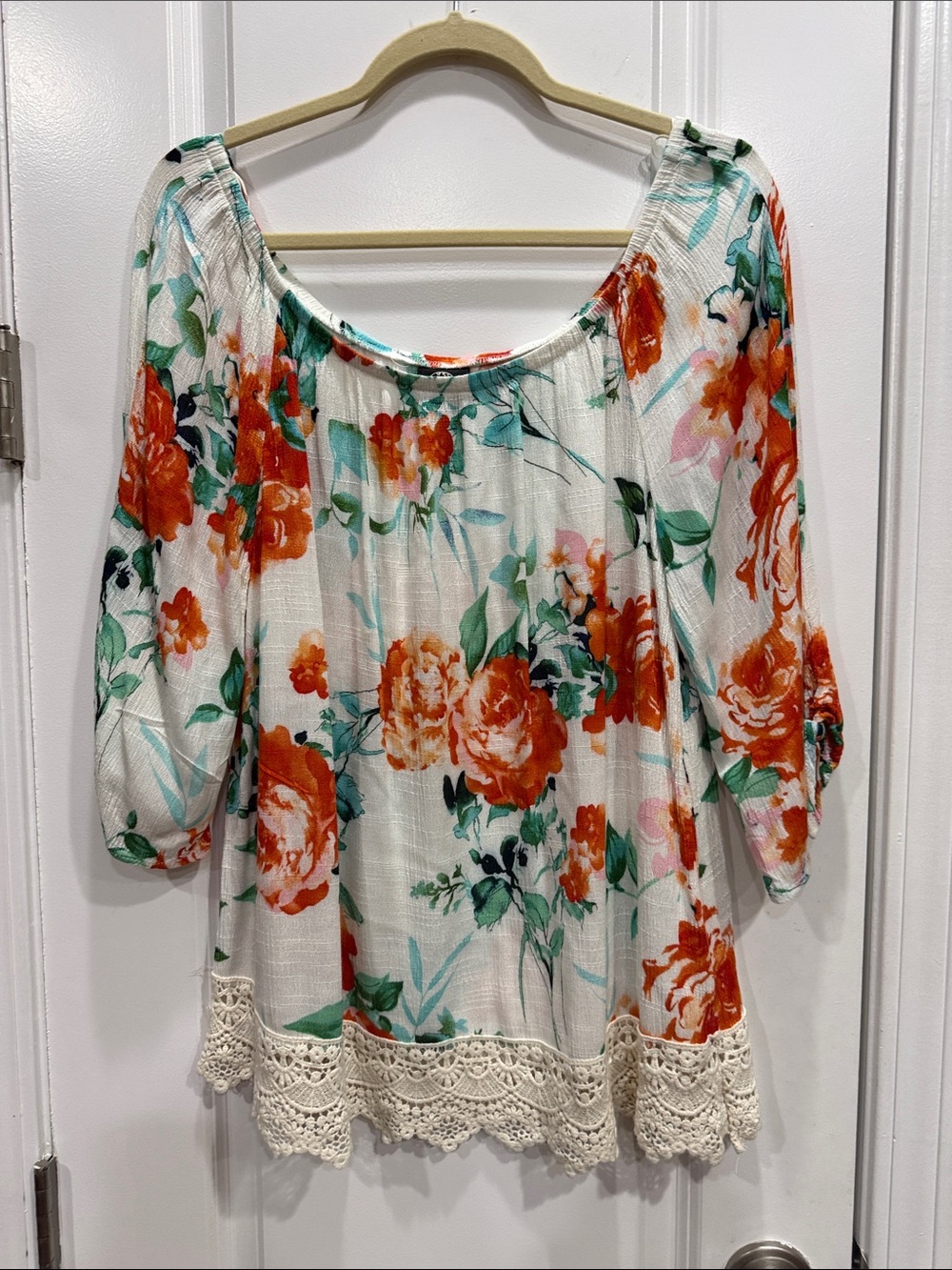 bobeau White Floral Peasant Blouse with Orange Blooms